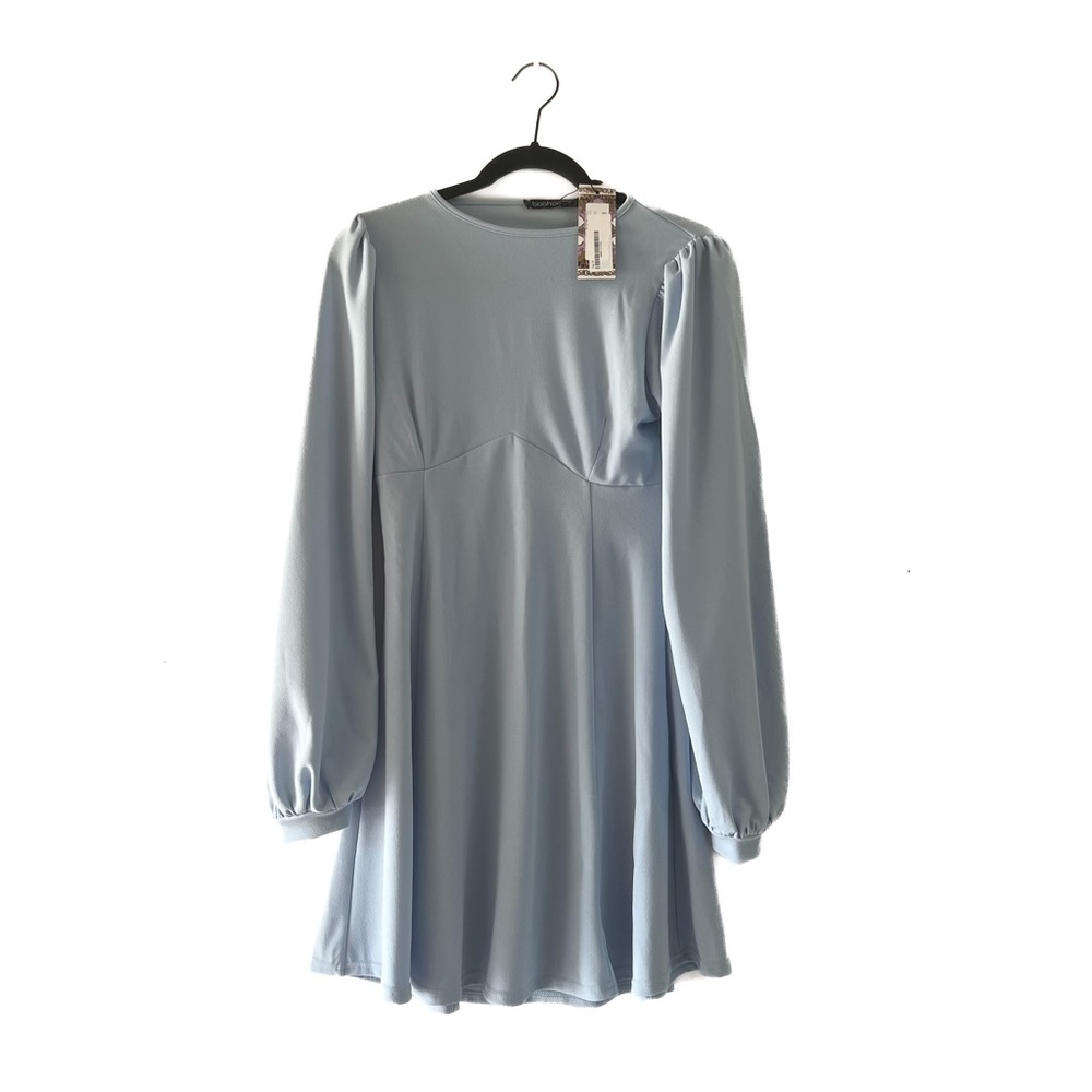 BooHoo - Women’s Bust Detail Blouson Long Sleeve Skater Dress (Baby Blue, 8)